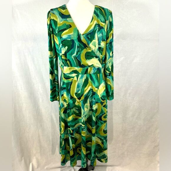 Susan Graver shades of green long sleeve wrap top midi dress size medium petite - Picture 3 of 8